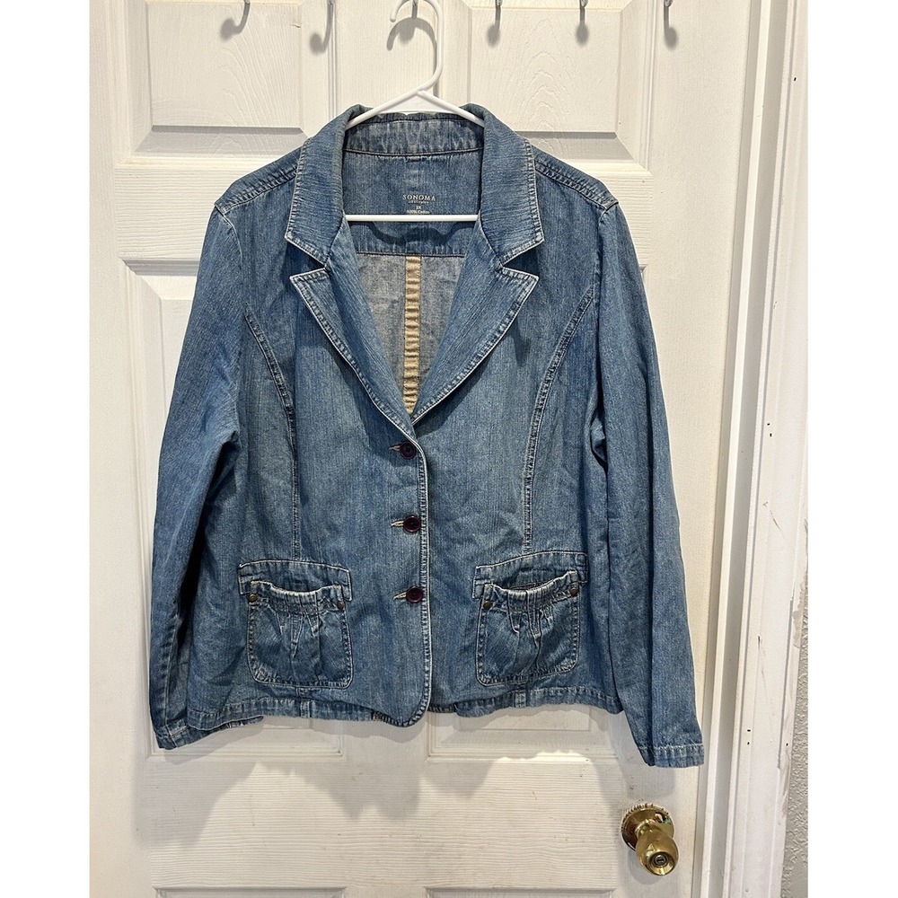 SONOMA‎ Womens 2X Denim Jean Blazer Jacket Blue Cotton Chore Utillity Workwear
